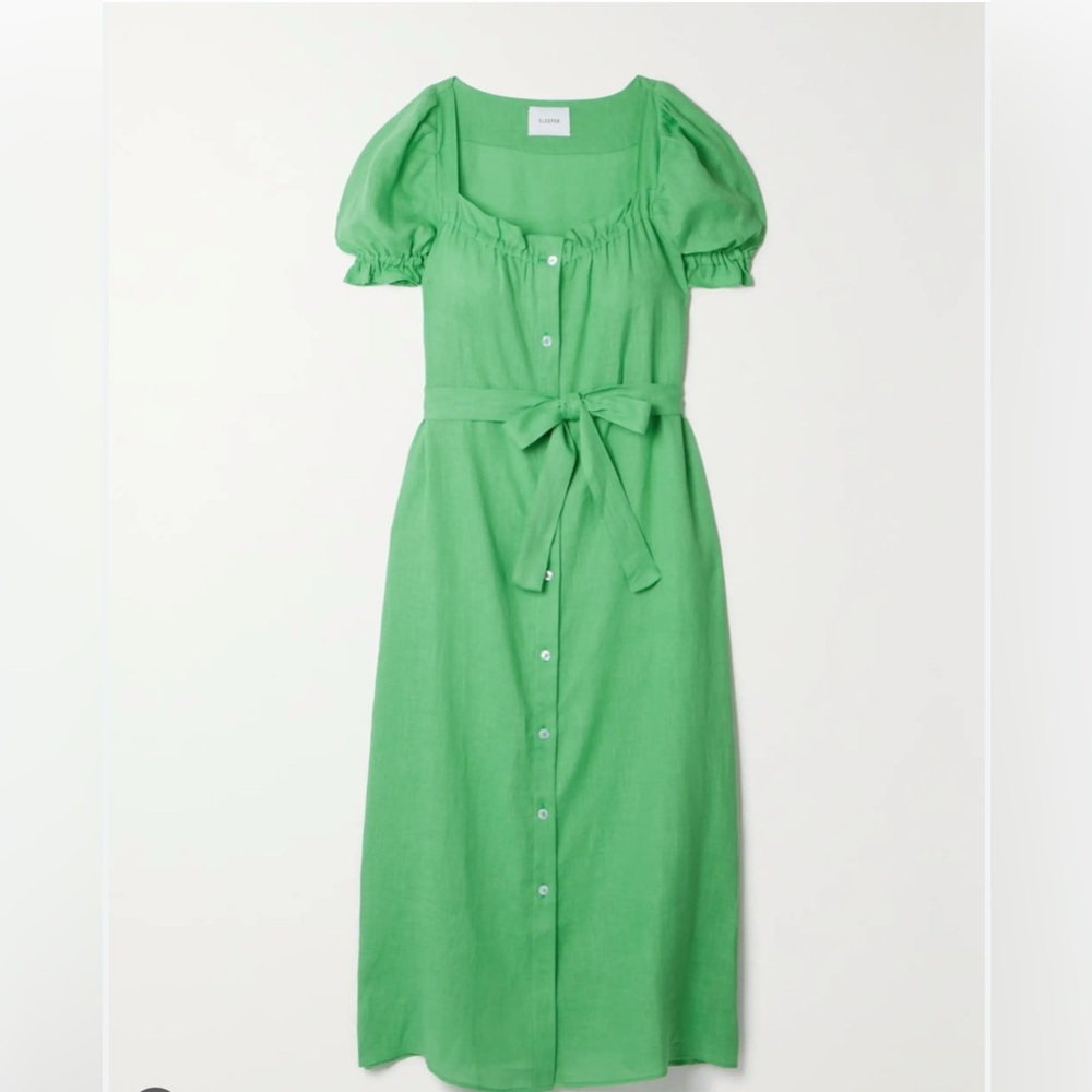 Sleeper Green ruffle sleeve woven linen Midi Sundress